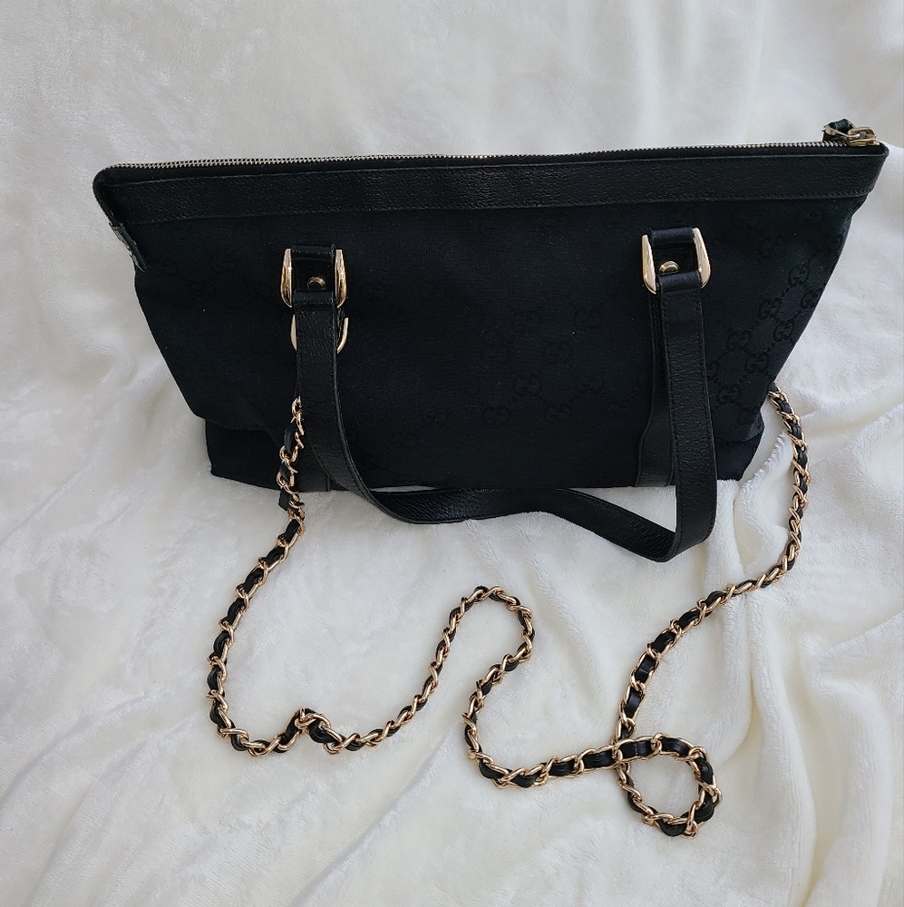 Authentic Gucci GG Black Canvas Abbey Zip Tote Shoulder Gold Hardware Bag - Picture 7 of 16